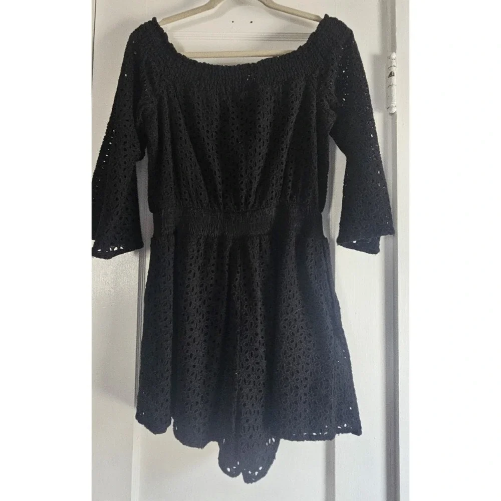 CHLOE Oliver Anthropologie 3/4 sleeves off the shoulder eyelet romper black 8